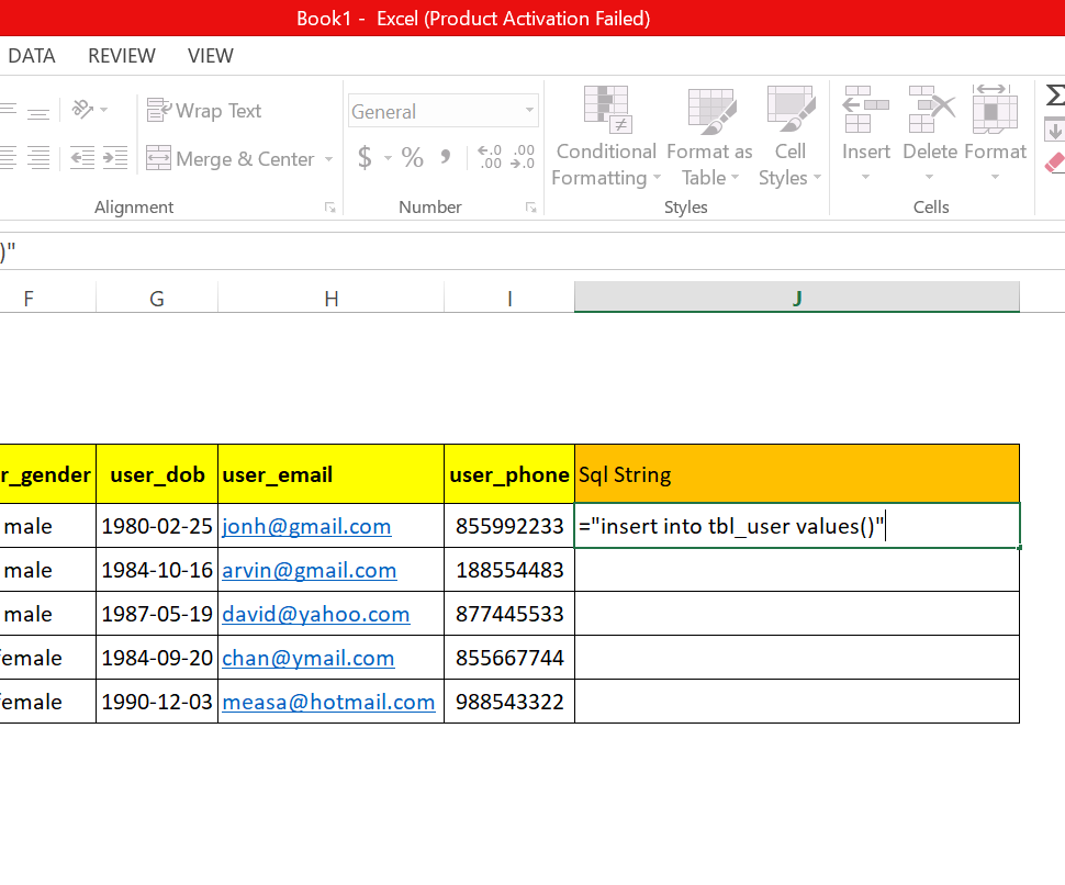 step 11: Generate SQL insert statement in excel worksheet to run in MySql