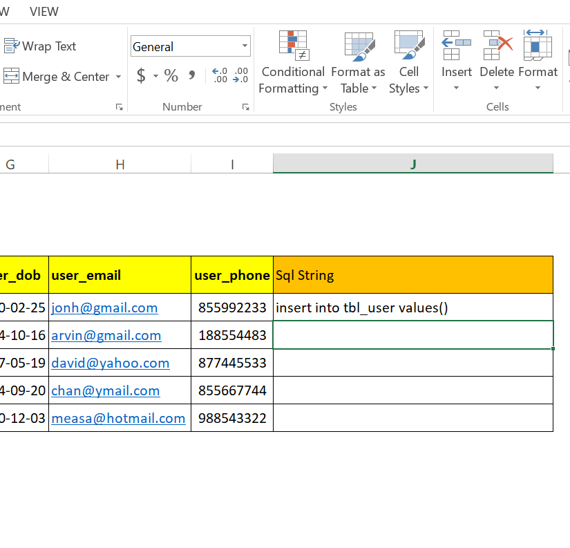 step 12: Generate SQL insert statement in excel worksheet to run in MySql