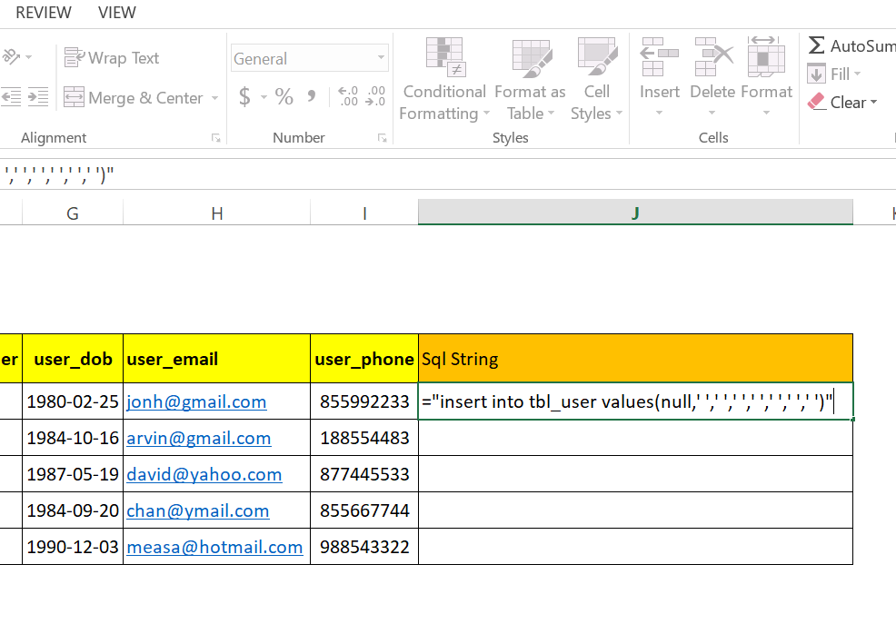 step 13: Generate SQL insert statement in excel worksheet to run in MySql