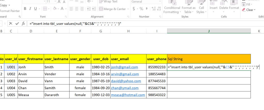 step 15: Generate SQL insert statement in excel worksheet to run in MySql