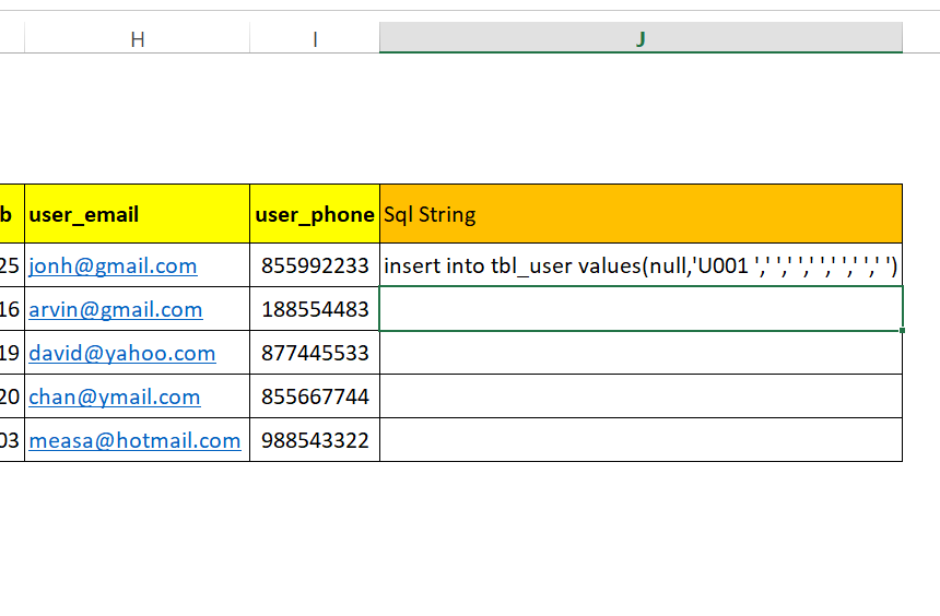 step 16: Generate SQL insert statement in excel worksheet to run in MySql