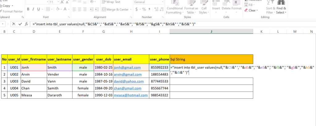 step 17: Generate SQL insert statement in excel worksheet to run in MySql