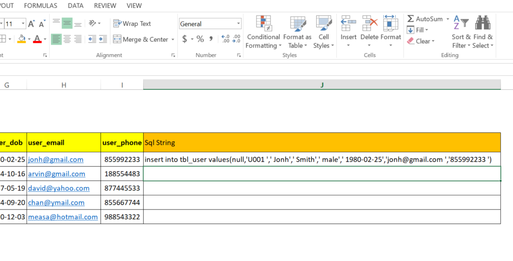 step 18: Generate SQL insert statement in excel worksheet to run in MySql