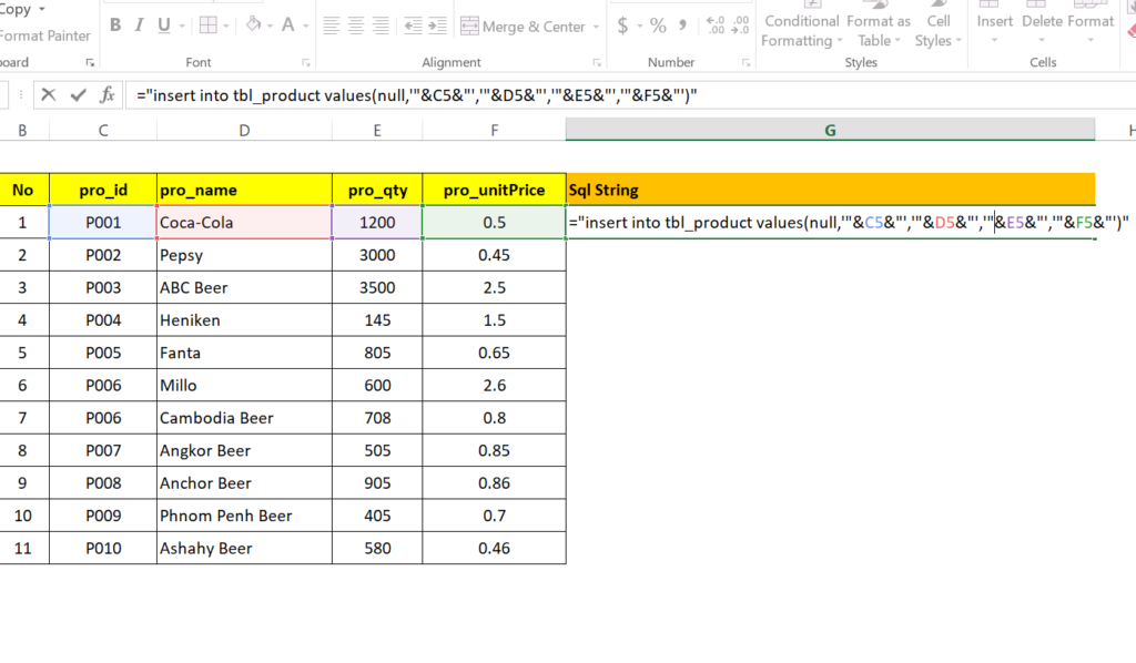 step 20: Generate SQL insert statement in excel worksheet to run in MySql