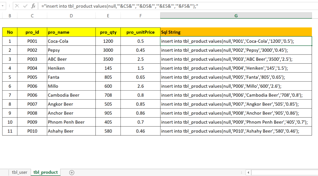 step19-2: Generate SQL insert statement in excel worksheet to run in MySql