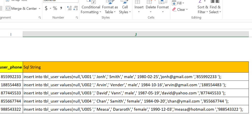 step 19: Generate SQL insert statement in excel worksheet to run in MySql