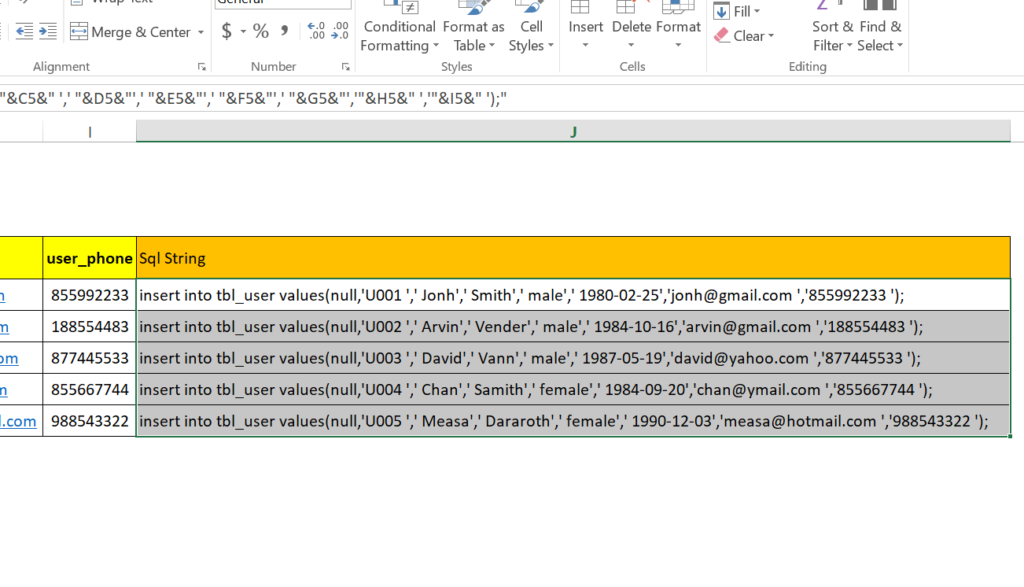 step 20: Generate SQL insert statement in excel worksheet to run in MySql